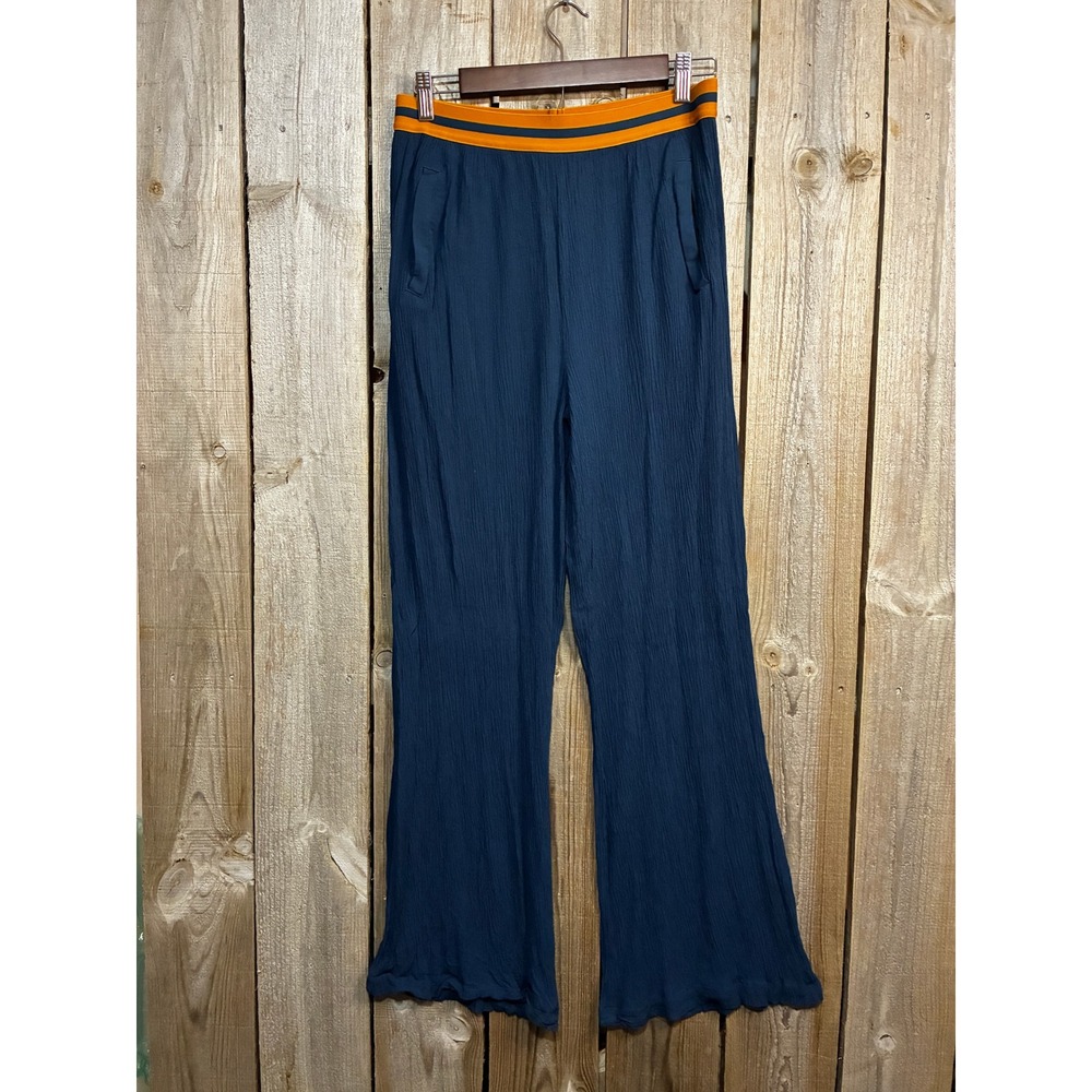 Matilda Jane Womens Navy Blue Textured Crinkle Wide Leg Pants Orange Waistband M